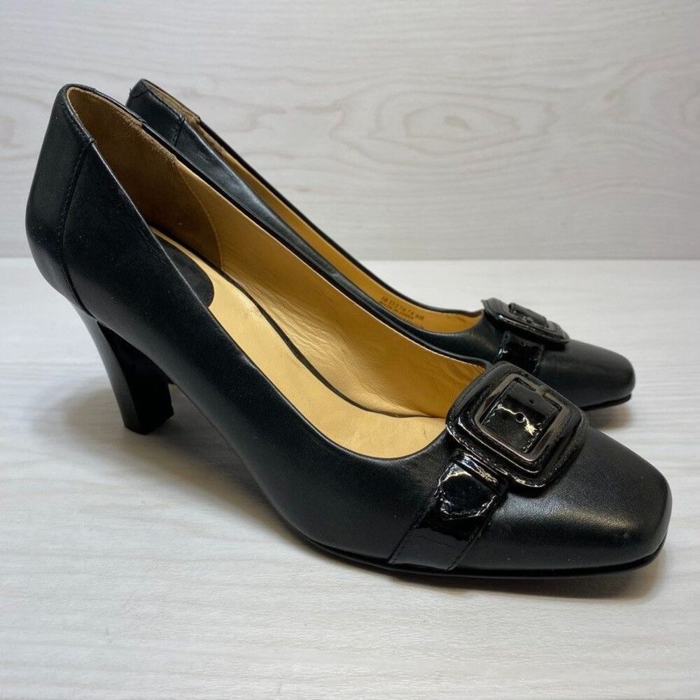 Cole Haan 9B Black Leather High Heel Pump Buckle Square Toe Career Classic